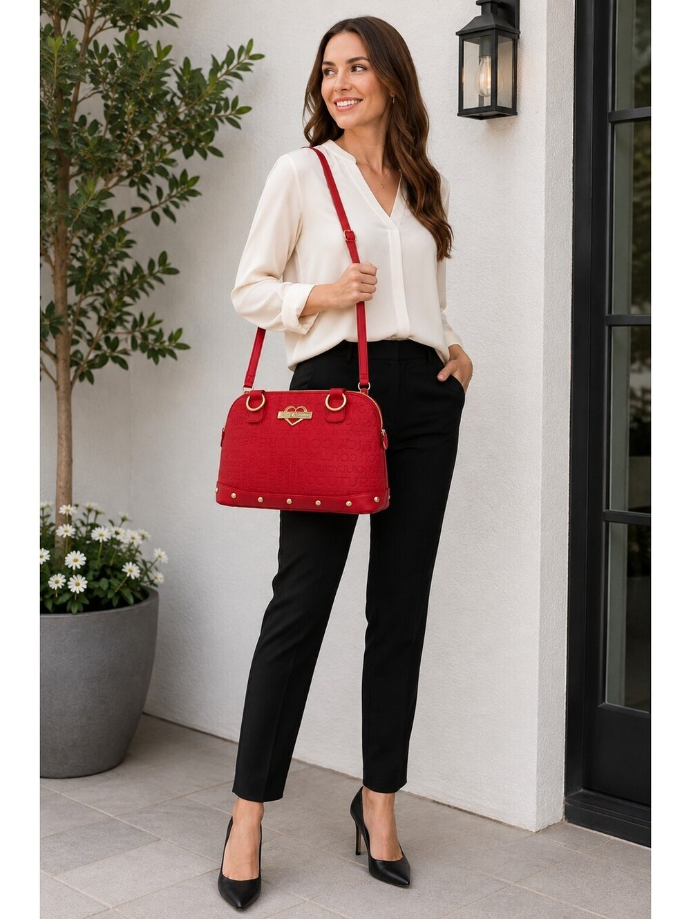 Juicy Couture Red Embossed Dome Satchel Shoulder Bag Gold Hardware